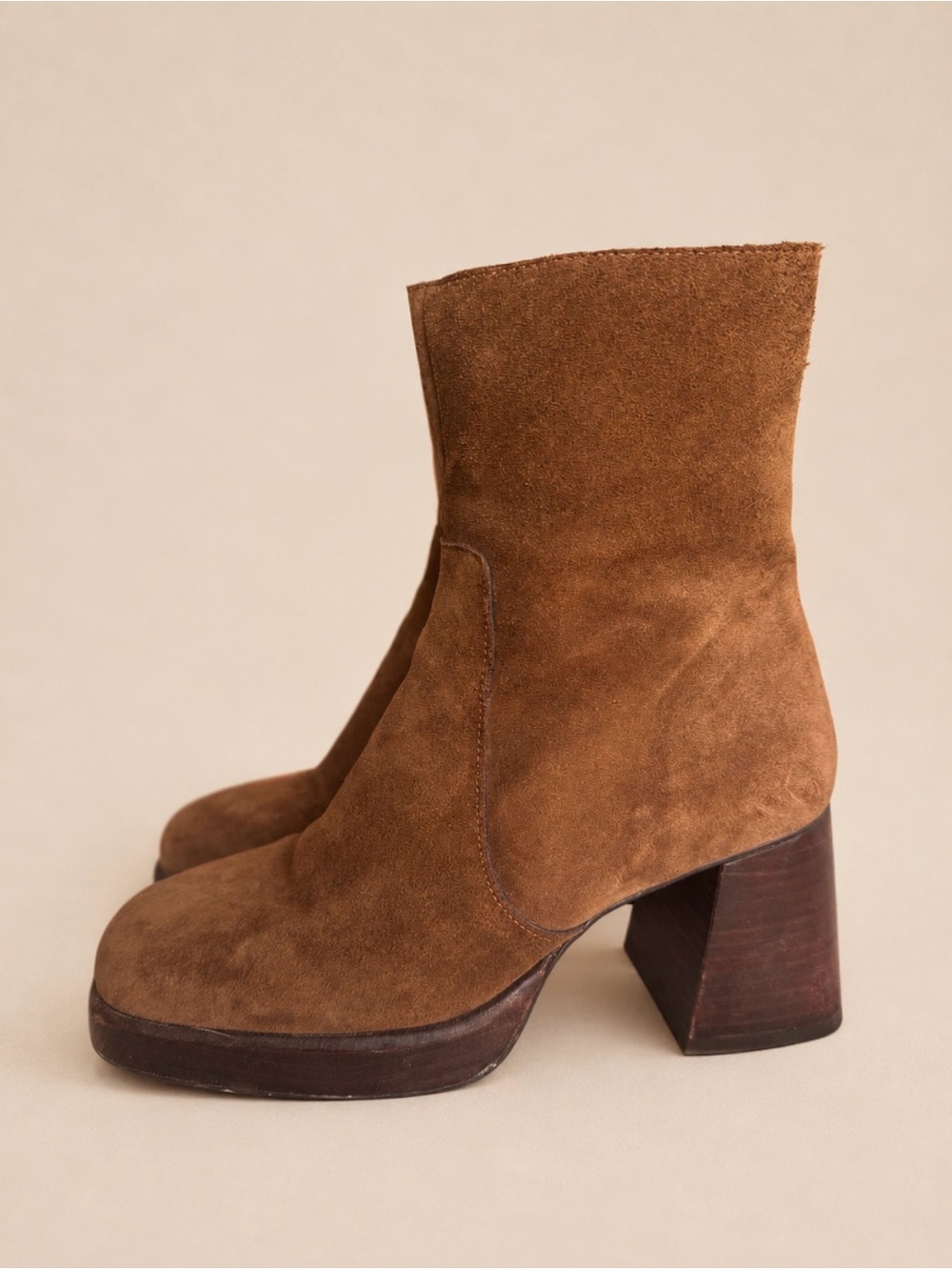 L’INTERVALLE Chestnut Brown Suede Platform Block Heel Ankle Boots 38 / US 7.5-8 - Picture 5 of 17